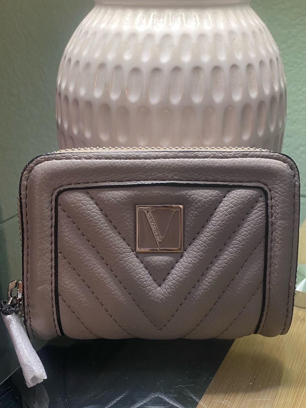 Quilted V-Front Compact Wallet in Taupe